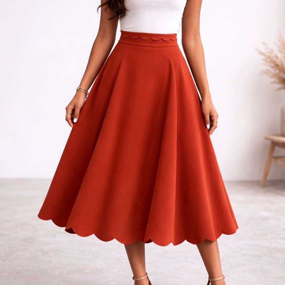 Like New Lucy Paris Burnt Orange Scalloped Trim Knee length aline skirt size L